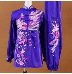 Customized size purple with phoenix embroidered pattern competition chinese kung fu uniforms wushu chang quan tai chi competition clothing for female